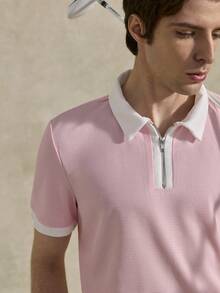 Courvante Men Quarter Zip Contrast Collar Tee, Short Sleeve Light Pink, For Golf Tennis, Business Commute & Boyfriend - Baby Pink - View 4