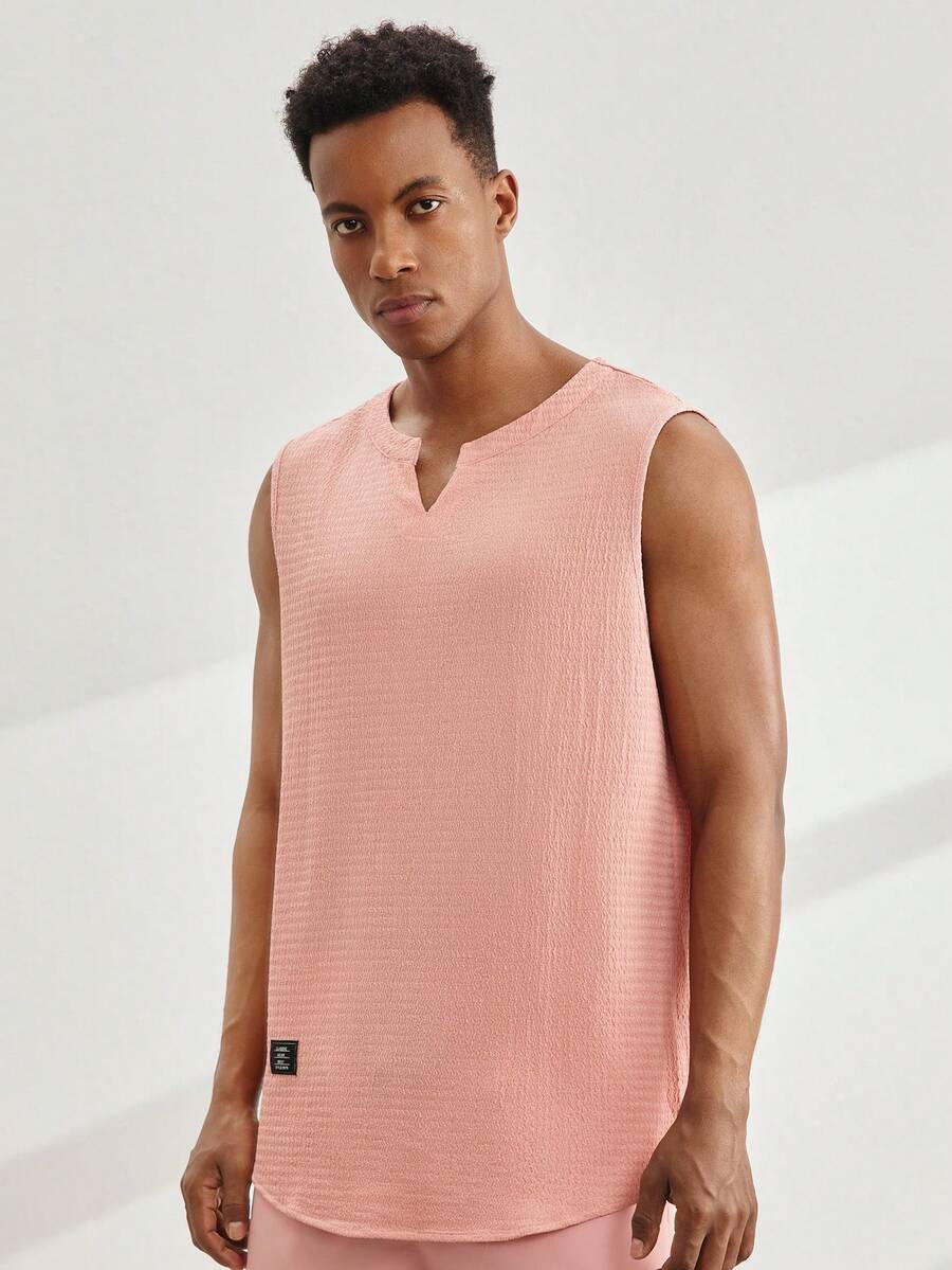 Driftmere Men's Casual Plain Textured Letter Muscle Top For Summer Men Muscle Shirts Men Summer Tops Tank Top For Men Men Sleeveless, 2000s Style - Pink - View 1