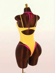 Amplova 1pc Women's Avant-Garde 2 In 1 Swimsuit,Contrasting Fuchsia And Yellow,Summer Gay Beach Outfits,Festival Elegant Casual Y2k Sports Set - Multicolor - View 7
