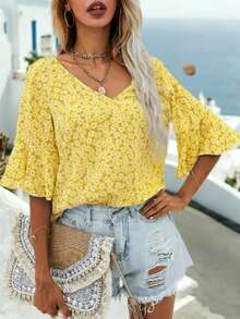 SHEIN Holidaya 度假休闲碎花喇叭袖衬衫 - 黃色 - 查看 3