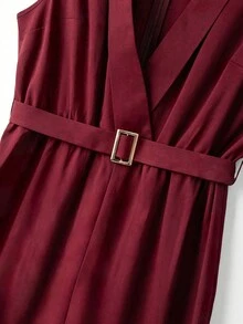 SHEIN PETITE CURVE 大码女士休闲纯色V领无袖金属扣腰带长款连体裤，适合居家和通勤；酒红色连体裤；阔腿连体裤；女士裤装；派对连体裤；优雅长款连体裤 - 酒紅色 - 查看 5