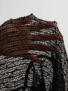 Freevana Áo thun ngắn tay đính sequin, viền tua rua khoét rỗng, đa năng, dành cho nữ, cỡ lớn. - màu đen - Xem 7