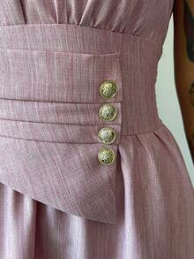 Selianne Vestido largo sin mangas de estilo francés elegante para mujer, diseño sofisticado, sensación de gracia de alta calidad, adecuado para el trabajo, los viajes, las vacaciones, el estilo callejero, un elemento esencial de la moda de verano, diseño de nicho, vestido largo versátil - Rosa - Ver 7