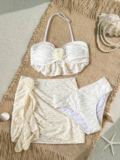 SHEIN 三件套少女比基尼套装，专为女孩设计，采用纹理针织面料，饰有3D立体花卉图案，细肩带，适合海滩、度假和夏威夷等场合。