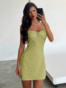 Aloruh Women's Elegant Square Neck Fitted Waist Textured Fabric Solid Color Mini Dress,Dresses For Women Summer - Green - View 7