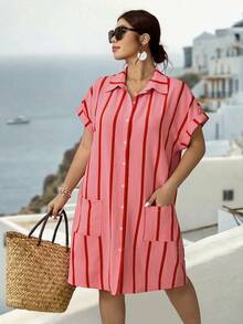 Plus Size Woven Casual Resort Summer Women's Dress - Pink - View 1