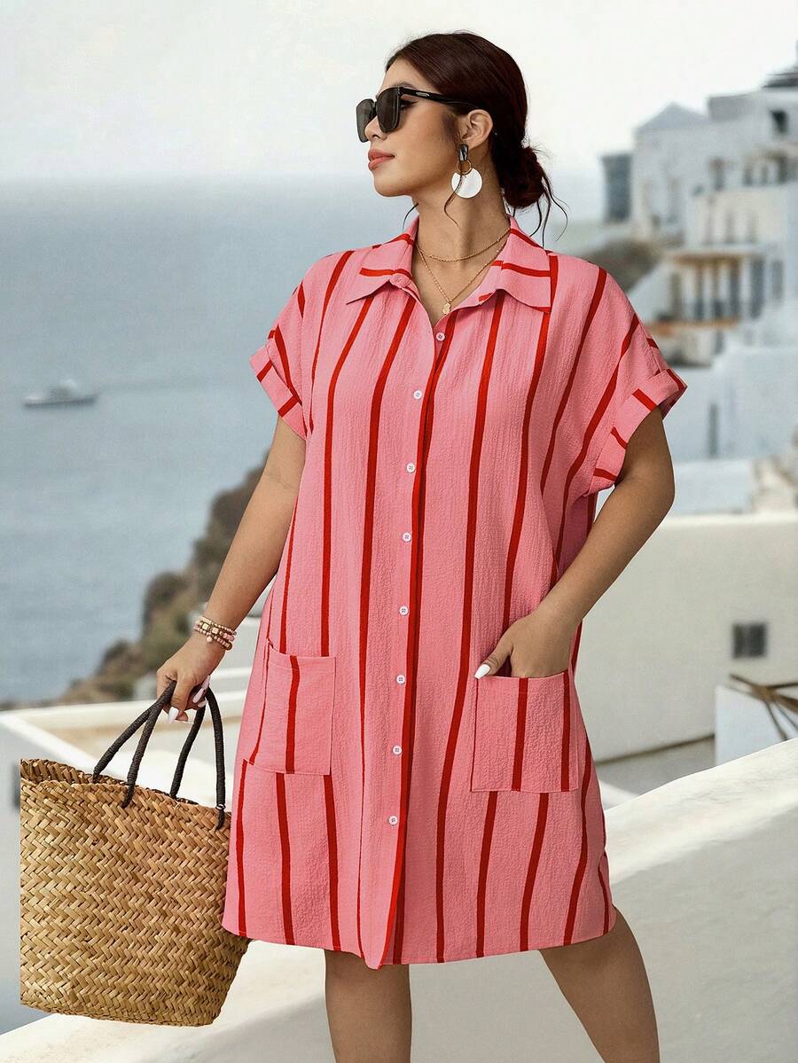 Plus Size Woven Casual Resort Summer Women's Dress - Pink - View 1