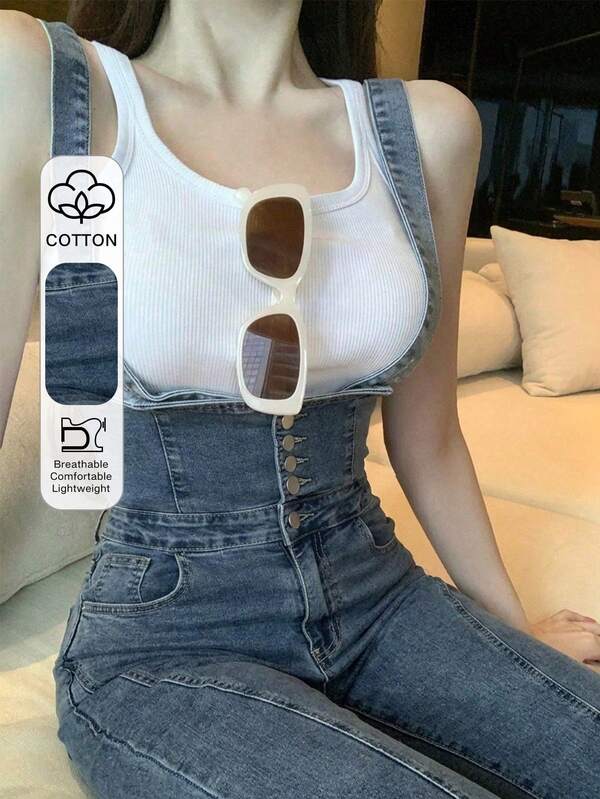 FRIFUL Quần yếm denim bó sát màu trơn có cúc dành cho nữ