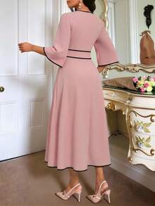 SHEIN Lady Women's Contrast Trim Round Neck Short Sleeve Mid-Length Dress Dress For Church For Women Modest Dress French Style Dress Elegant Dress - Baby Pink - View 2