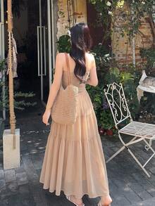 DAZY 拼接無肩帶傘裙收腰優雅夏季女款陽光裙 度假穿搭 女生校園穿搭 - 杏色 - 查看 2