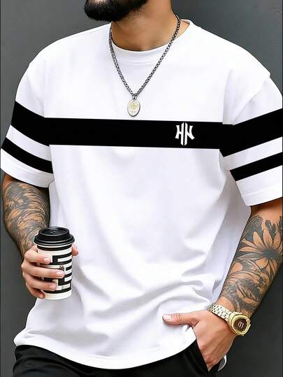 NEOREFINED Plus Size Men's Casual Classic Letter Contrast Color Round Neck T-Shirt