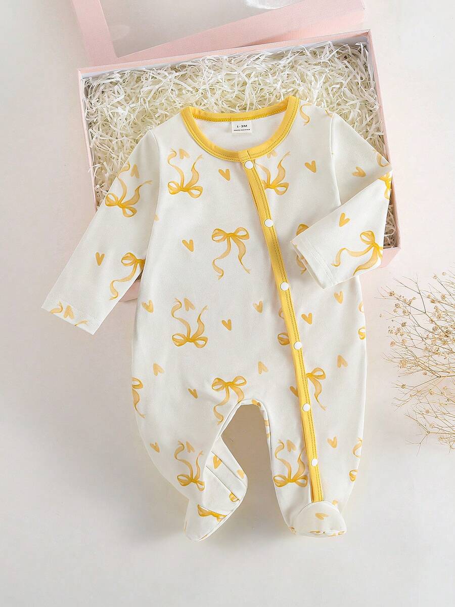 SHEIN 新生女宝宝可爱蝴蝶结印花柔软针织休闲圆领长袖连体衣,柔软舒适,适合情人节服装和礼物 - 黃色 - 查看 1