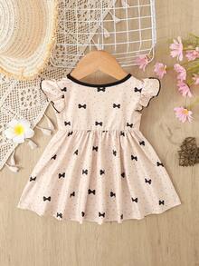 SHEIN Baby GirlApricot & Black Polka Dot Bow Print Dress With Cute Bow Decor - Apricot - View 2