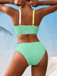 Swim Vcay Women's V-Neck Textured Striped Tankini Swimwear Set - Multicolor - View 2