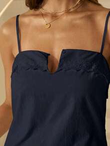 Aralina 女士府绸修身A字迷你连衣裙，饰有刺绣滚边，白色迷你连衣裙，沙滩裙，优雅度假裙，日常休闲裙，可爱乡村风，复古富贵风连衣裙 - 藏蓝色 - 查看 3