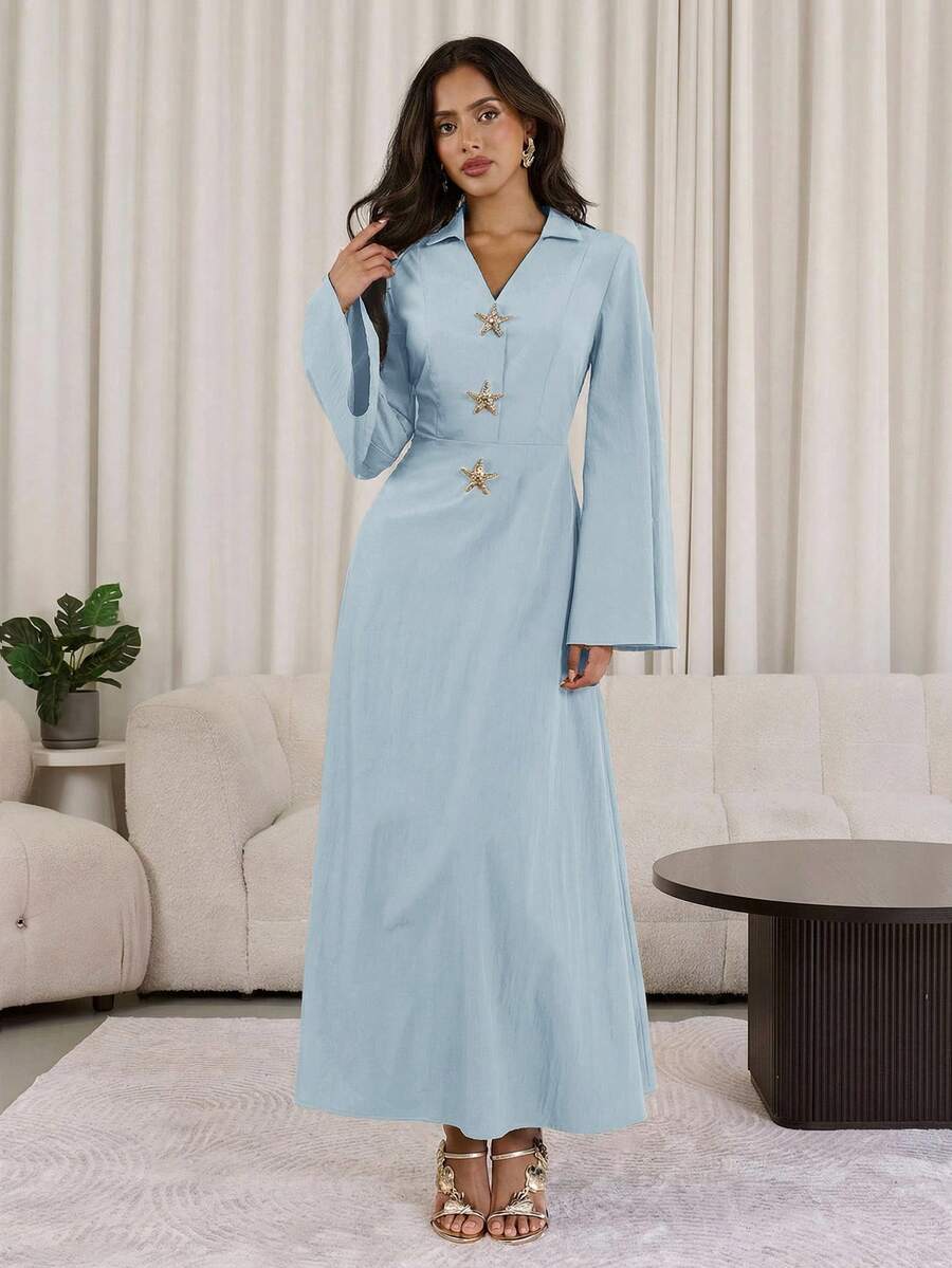 Veilorie 女士优雅金属海星装饰阿拉伯风格连衣裙 - 淺藍色 - 查看 1