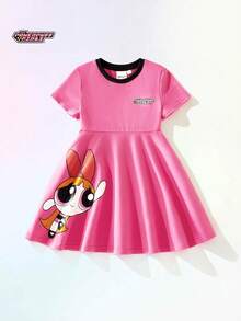 THE POWERPUFF GIRLS X SHEIN Maija Kids 女童卡通动物印花柔软针织圆领短袖连衣裙 - 淺粉色 - 查看 3