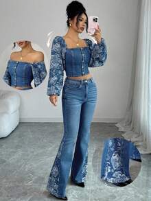 Elenzga 2pcs/Set Women's Stylish Denim Outfit, Long Sleeve Cold-Shoulder Top And High Waist Pants - Medium Wash - View 1