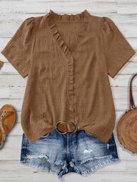 Linhara Blouse décontractée à col V texturé et manches courtes, couleur unie, grande taille, convient pour sortir, les vacances, le club