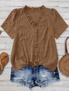 Linhara 大码女式纯色纹理V领短袖休闲常规衬衫，适合外出、度假、夜店等场合 - 棕色 - 查看 1