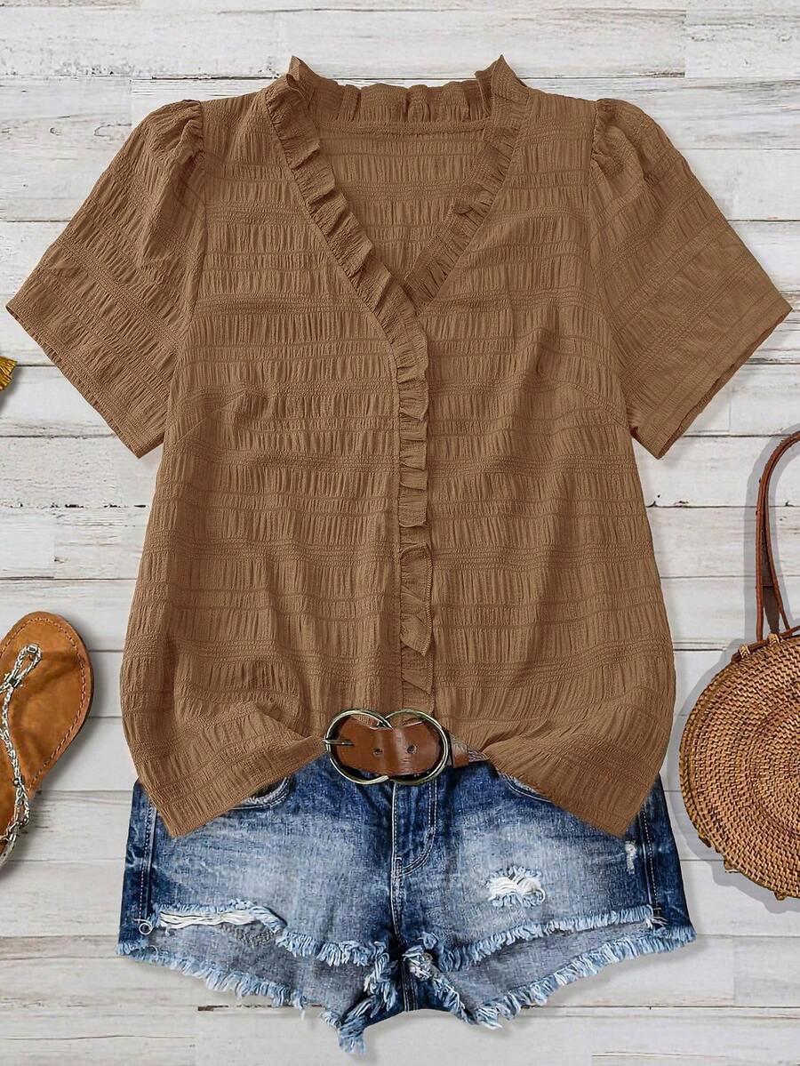 Linhara 大码女式纯色纹理V领短袖休闲常规衬衫，适合外出、度假、夜店等场合 - 棕色 - 查看 1