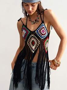 SHEIN BohoFeels Women's Crochet Hollow Out Fringe Camisole Top, Suitable For Beach Vacation - Multicolor - View 4