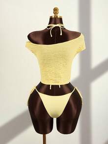 Zestiva Conjunto de playa de 3 piezas para mujer: Top de bikini triangular amarillo sólido con cuello de atar, Bottom con lazos laterales y camiseta asimétrica de hombro, traje de baño de tela especial - Amarillo - Ver 2