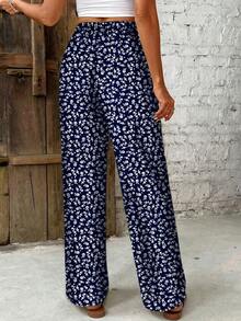 SHEIN Frenchy Women's Ditsy Floral Elastic Waist Casual Pants - Navy Blue - View 2