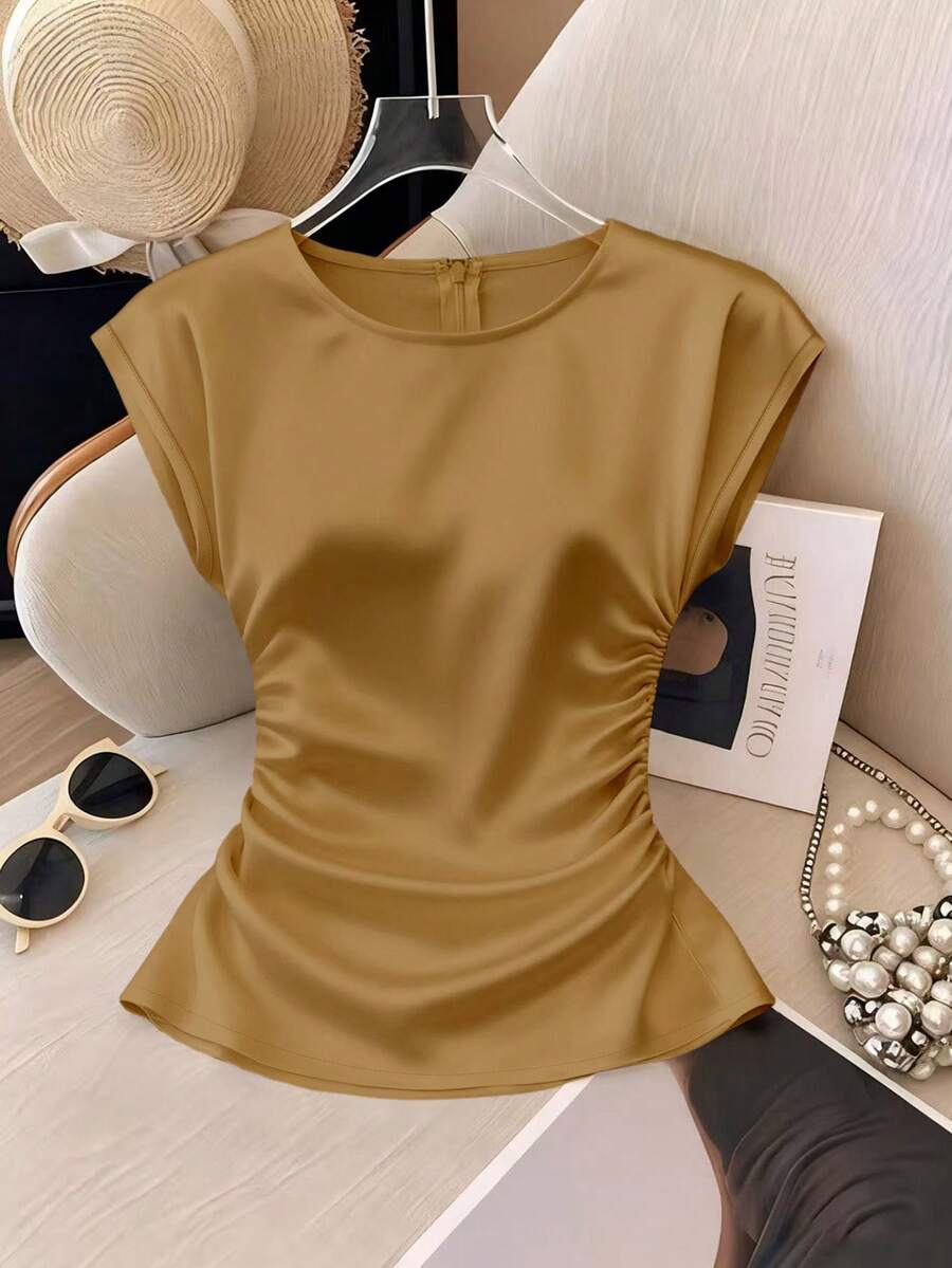SHEIN Franclia Women's Elegant Round Neck Waist Fitted Pleated Short Sleeve Versatile Solid Light Peach Blouse - Camel - View 1