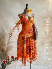 Soleia Plus Size Vintage Bohemian Animal Print Orange Jellyfish Ruffle Trim Shiny Chiffon Dress Beach Vacation Summer - Multicolor - View 8