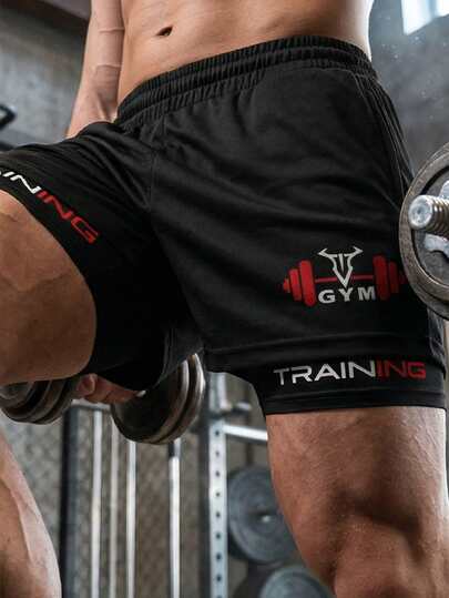 GymBeat Men's Letter Print Elastic Waist Double Layer Sports Shorts