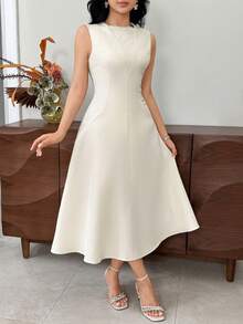 Feyla Damen Einfarbiges Kleid mit Kontrast-Spitze, elegantes ärmelloses Midi-Kleid - Aprikosenfarben - Übersicht 7