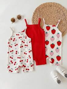 SHEIN Baby Girl Casual Knitted Solid Color Halter Romper Set, Random 6 Pieces, Send 3 Pieces - Red - View 4