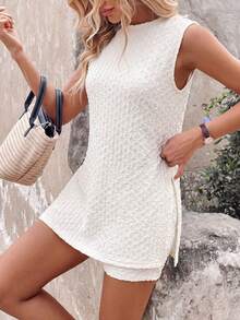 SHEIN LUNE Conjunto de 2 piezas de top corto sin mangas y shorts de moda básica para uso diario, vacaciones de verano y viajes, de mujer - Beis - Ver 5