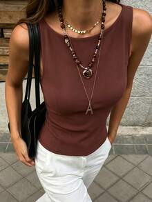 Cévolie Women's Summer Solid Color Minimalist Sexy Backless Halter Camisole - Rust Brown - View 6