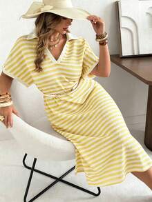 Ceyna Plus Size Spring/Summer Short Sleeve Knit Casual Vacation Yellow Dress Tea Party Vacation - Pale Yellow - View 1