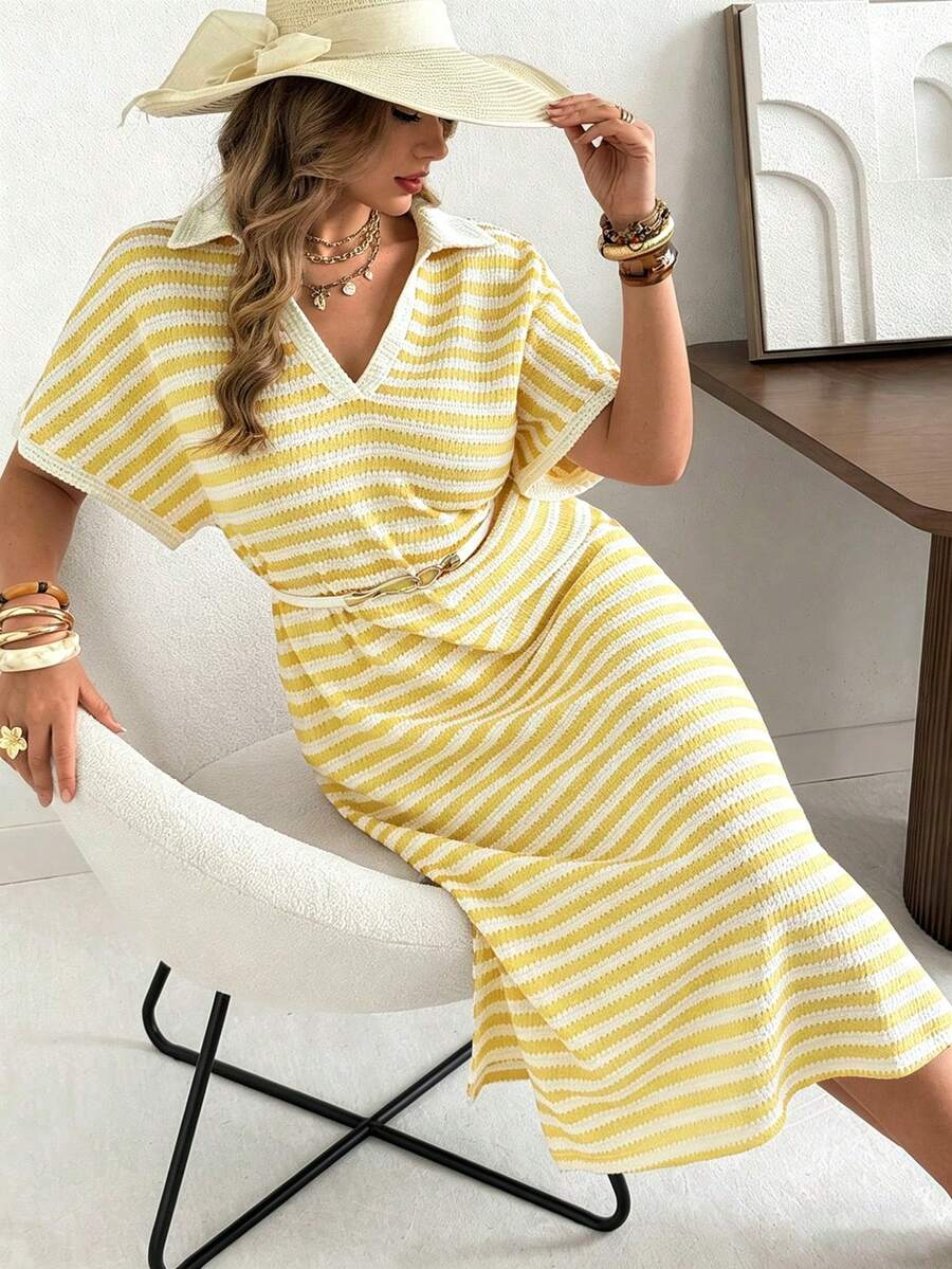 Ceyna Plus Size Spring/Summer Short Sleeve Knit Casual Vacation Yellow Dress Tea Party Vacation - Pale Yellow - View 1