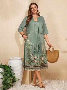 EMERY ROSE Plus Size Women's Sage Green Summer Floral Print Jacket & Camisole Dress 2pc Set,Modest Curve Outfits For Party,Wedding Guest,Vacation Boho Outfits - Green - View 7