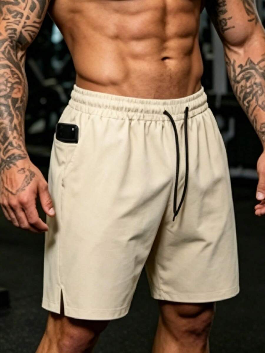 Manfinity Dauomo Men's Drawstring Waist Pocket Casual Shorts Board Shorts Men Running Shorts For Men Beach Shorts For Men Man Short Pants Men S Swim Trunks - Khaki - View 1