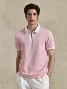 Courvante Men Quarter Zip Contrast Collar Tee, Short Sleeve Light Pink, For Golf Tennis, Business Commute & Boyfriend - Baby Pink - View 1