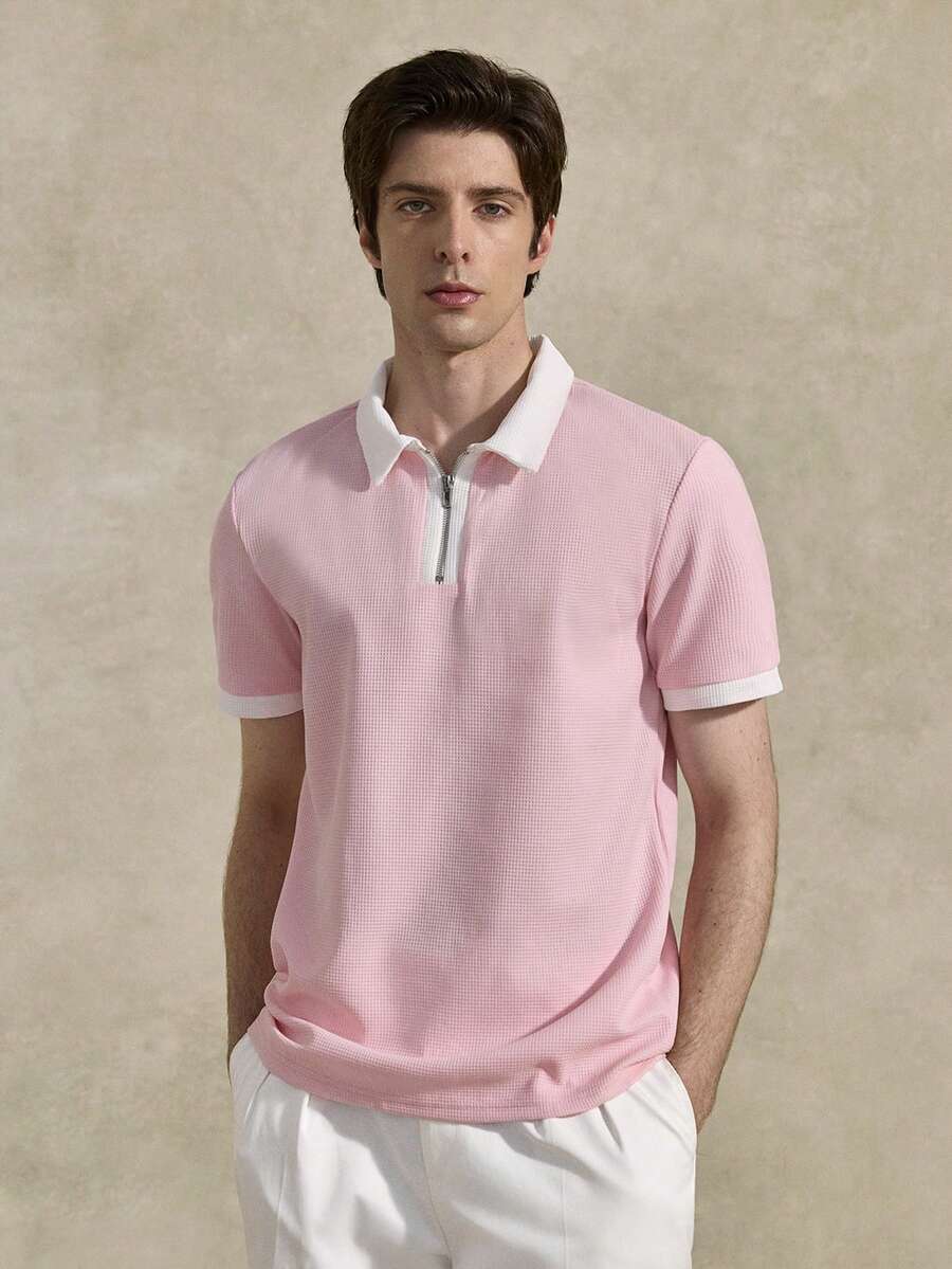 Courvante Men Quarter Zip Contrast Collar Tee, Short Sleeve Light Pink, For Golf Tennis, Business Commute & Boyfriend - Baby Pink - View 1