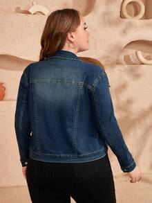 EMERY ROSE Plus Size Women Long Sleeve Single-Breasted Casual Denim Jacket - Dark Wash - View 2