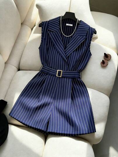 EMERY ROSE Bộ jumpsuit nữ thời trang xuân/hè mới, kẻ sọc, dệt kim, cổ ve áo, không tay, thắt lưng kim loại, thanh lịch, thích hợp đi làm và mặc hàng ngày.