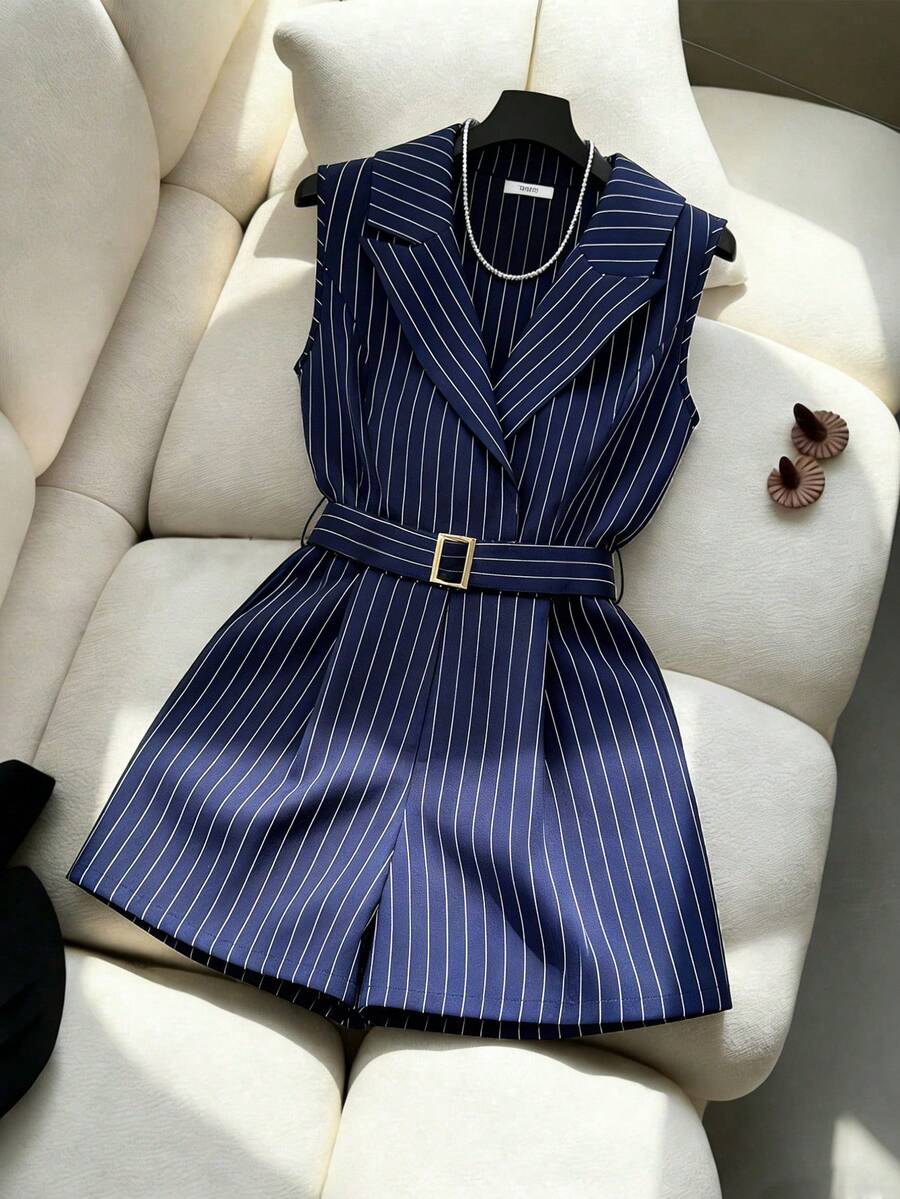 EMERY ROSE Bộ jumpsuit nữ thời trang xuân/hè mới, kẻ sọc, dệt kim, cổ ve áo, không tay, thắt lưng kim loại, thanh lịch, thích hợp đi làm và mặc hàng ngày. - Màu xanh hải quân - Xem 1