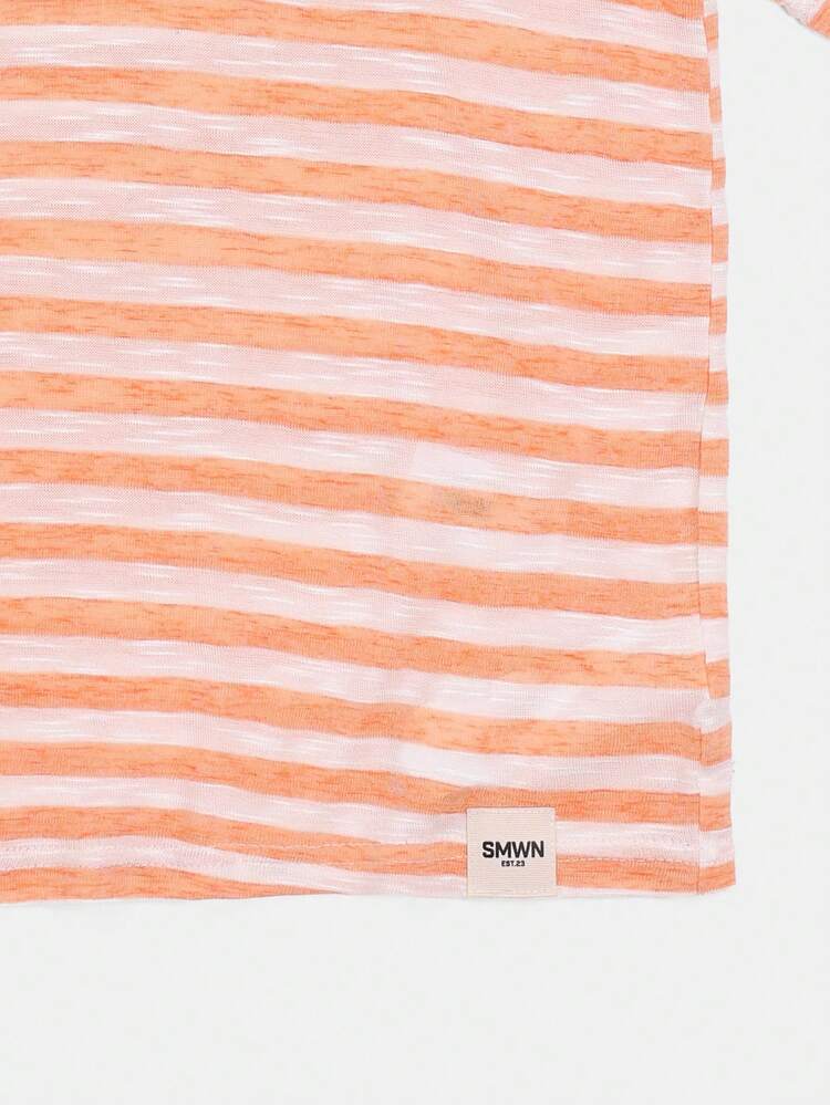 Boys Striped Short Sleeve Tee Casual Horizontal Orange White Crew Neck Summer Everyday Comfort Fit T-Shirt