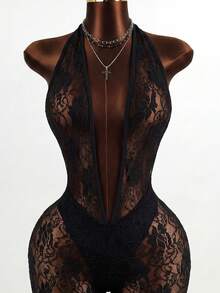 Mistrie 夏季女士性感蕾丝黑色连体裤 - 黑色 - 查看 4