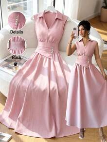 Selianne Vestido largo sin mangas de estilo francés elegante para mujer, diseño sofisticado, sensación de gracia de alta calidad, adecuado para el trabajo, los viajes, las vacaciones, el estilo callejero, un elemento esencial de la moda de verano, diseño de nicho, vestido largo versátil - Rosa - Ver 4