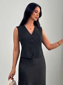 SHEIN Women, Autumn, Spring, Regular Length, Sleeveless, Blazer, Lace, Romantic, Elegant, - Black - View 5
