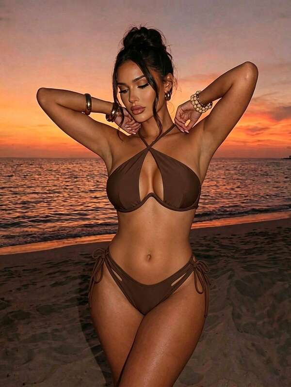 Swim SXY Summer Beach Cut-Out Underwire Bra & Tie Side Swim Bottom Bikini Bathing Suit