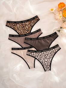 SHEIN Bộ 5 quần bikini nữ họa tiết da báo phối viền tương phản. - Nhiều màu - Xem 2